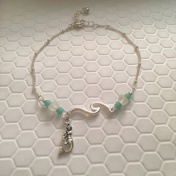 Mermaid Anklet With Aqua and Clear Sea Glass Made Of Sterling | Etsy