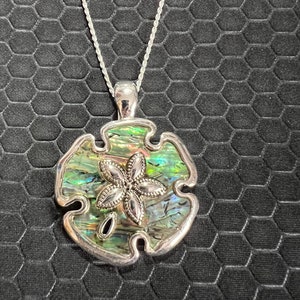 Sand Dollar Necklace with Green Abalone Stones Made of Sterling Silver