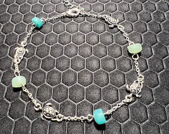 Turtle Anklet with Aqua Sea Glass Made of Sterling Silver