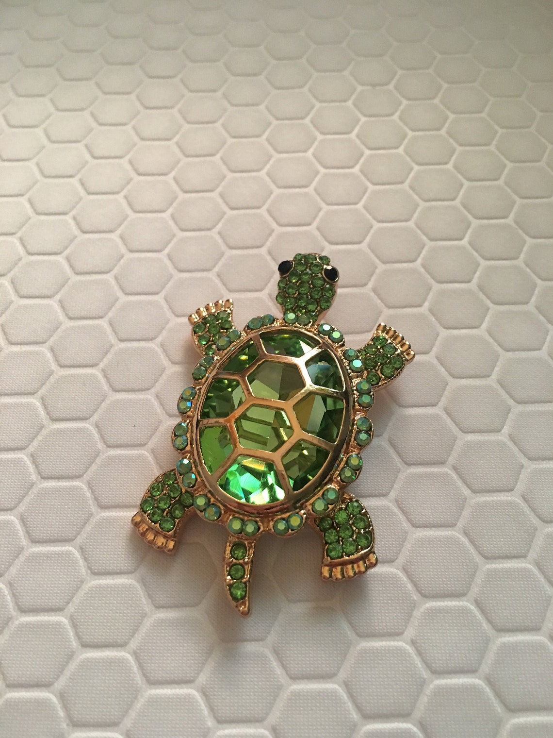 Turtle Brooch Pin With Green Crystals and Gold Made of Etsy