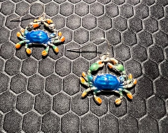 Crab Blue and Orange Earrings Made of Sterling Silver