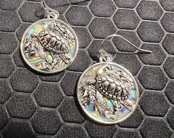 Turtle Earrings with Green Abalone Stones Made of Sterling Silver