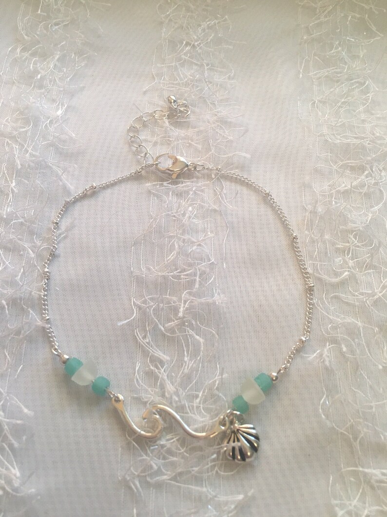 Sea Shell Anklet With Aqua and White Sea Glass Made of Sterling Silver
