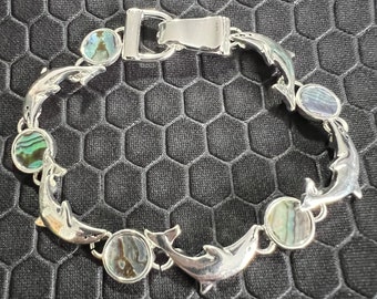 Dolphin Bracelet with Green Abalone Stones Made of Sterling Silver