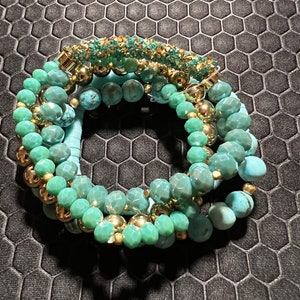 Glass Bead Bracelet Turquoise and Gold