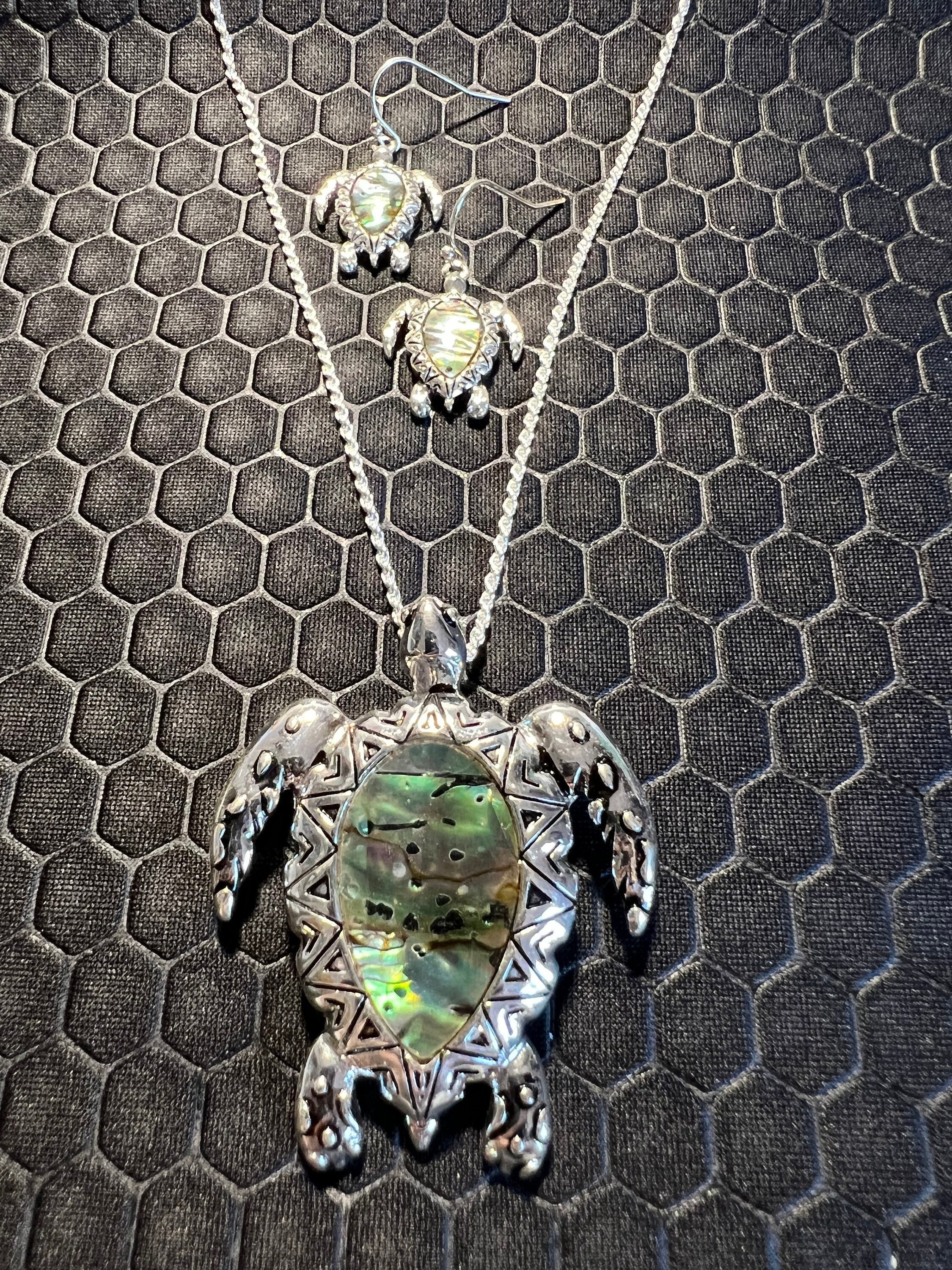 Turtle Necklace and Earring Set with Green Abalone Stones Made of Sterling Silver
