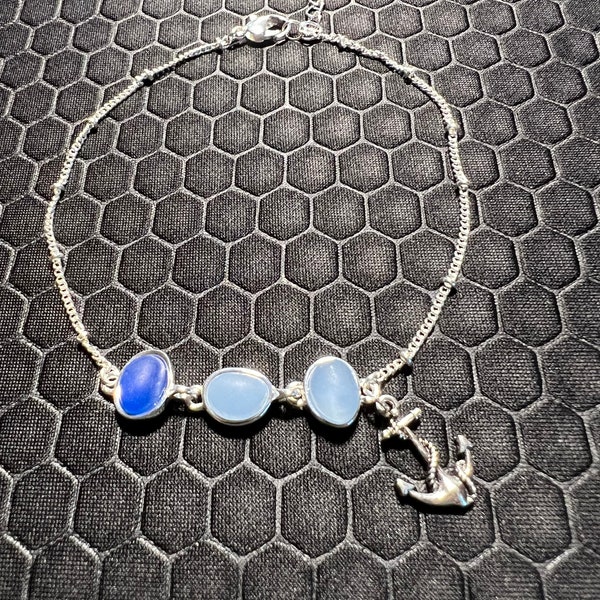 Anchor Anklet With Blue Sea Glass Made Of Sterling Silver