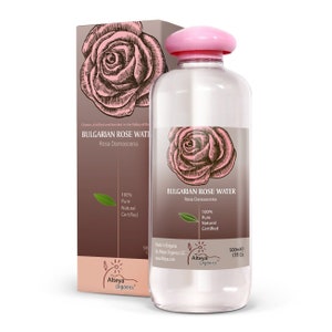 May include: A clear glass bottle of Bulgarian Rose Water by Alteya Organics. The bottle is 500 ml or 17 fl oz. The label is brown with a rose illustration and the text "Bulgarian Rose Water, Rosa Damascena, 100% Pure Natural Certified". The bottle has a pink cap.