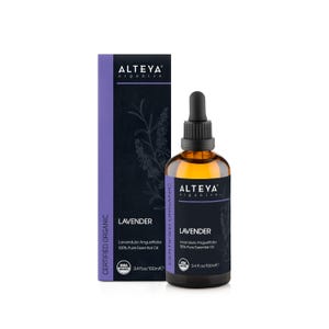 May include: A 3.4 fl oz bottle of Altea Organics Lavender Essential Oil. The bottle is amber glass with a black dropper and a white label with black text. The label says "Altea Organics" and "Lavender" and "Lavandula Angustifolia 100% Pure Essential Oil". The bottle is sitting on a white background.