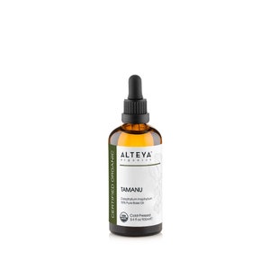 May include: A brown glass bottle with a black dropper top. The bottle is labeled "ALTEYA organics" and "TAMANU Colophyllum Inophylum 100% Pure Base Oil Cold-Pressed 3.4 fl oz/100ml".