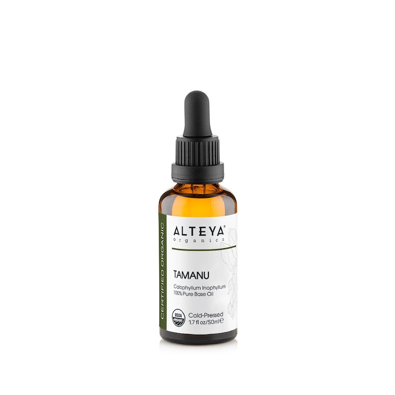 May include: A brown glass bottle with a black dropper top, labeled "ALTEYA organics TAMANU Calophyllum Inophylum 100% Pure Base Oil Cold-Pressed 1.7 fl oz/50ml" with a green leaf design and a certified organic seal.