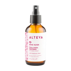 May include: A brown glass bottle with a black spray nozzle. The label reads "ALTEYA ROSE WATER + COLLAGEN PEPTIDES HYDRO MIST" with "4 fl oz/120 ml" at the bottom. The product is designed for supple, glowing skin.