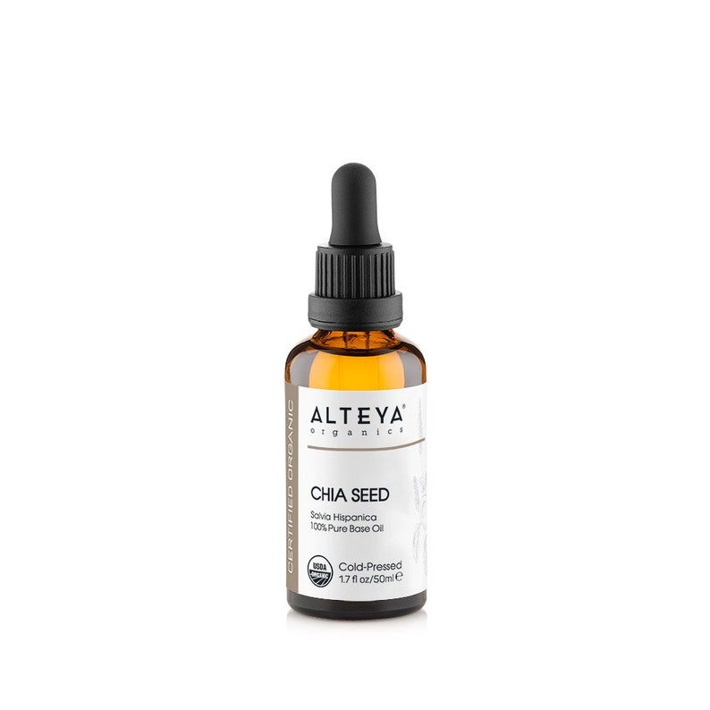 May include: A brown glass bottle with a black dropper top containing Altea Organics Chia Seed Oil. The bottle is labeled with the text "Certified Organic" and "Chia Seed Salvia Hispanica 100% Pure Base Oil Cold-Pressed 1.7 fl oz/50ml e".