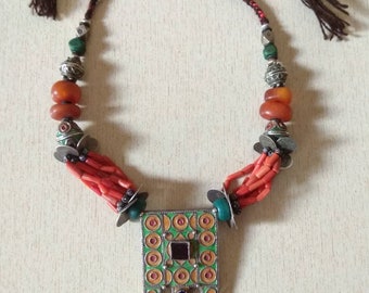 Antique Berber Necklace: Moroccan Silver, Coral, and Stone