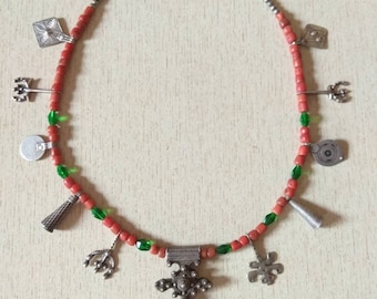 Antique Silver Berber Necklace: Coral & Green Glass Beads, Moroccan Jewelry
