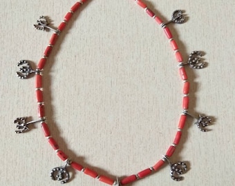 Antique Berber Silver and Coral Necklace from Morocco, Berber Necklaces, Moroccan Jewelry