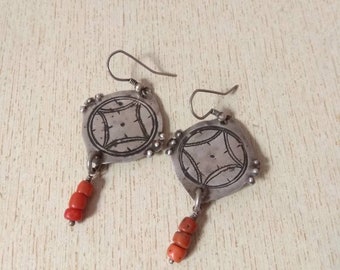 Antique Silver Berber Earrings: Moroccan Coral Bead Jewelry