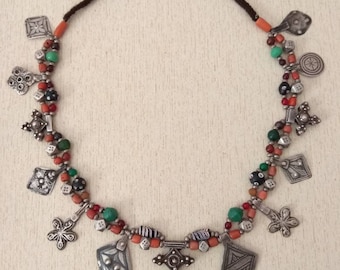 Antique Berber Silver Pendant Necklace: Moroccan Coral Bead Jewelry