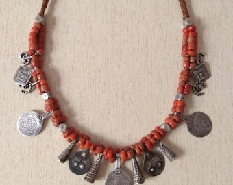 Antique Berber Necklace: Moroccan Coral & Silver Pendants