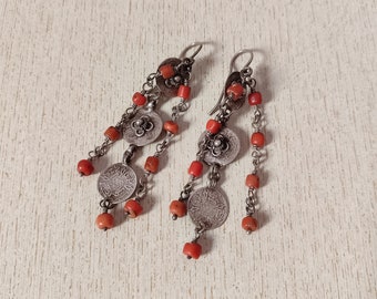 Antique Silver Berber Earrings: Moroccan Coral Bead Coin Jewelry