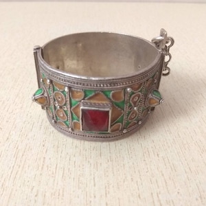 Antique Moroccan Silver Berber Bracelet with Enamel and Glass, Berber Bracelets, Moroccan Jewelry