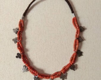 Antique Berber Coral Necklace: Moroccan Silver Heart Pendants