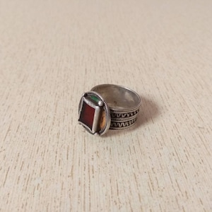 Antique Silver Berber Ring from Morocco with Enamel and Glass Size US 10 1/4,Berber Rings, Moroccan Jewelry