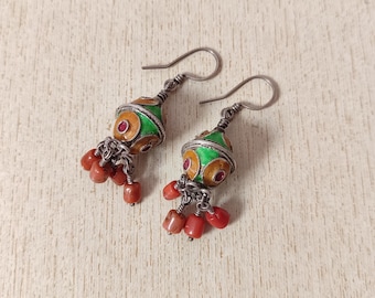 Antique Silver Berber Earrings: Vintage Coral & Enamel Moroccan Jewelry
