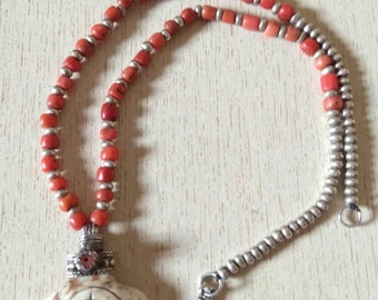 Antique Berber Silver and Coral Necklace from Morocco with Shell, Berber Necklaces, Moroccan Jewelry