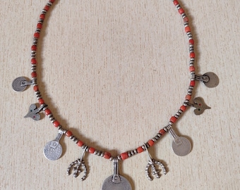 Antique Berber Silver and Coral Necklace from Morocco, Berber Necklaces, Moroccan Jewelry