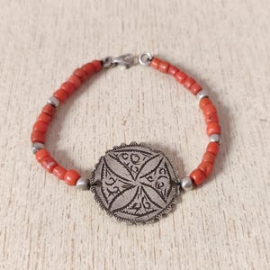 Antique Silver Berber Bracelet From Morocco With Old Coral Beads 