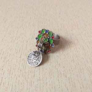 Moroccan Berber Silver Ring with Enamel and Old Coin - US Size 9