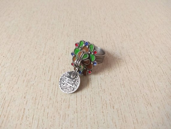 Moroccan Silver Berber Ring with Enamel and Old S… - image 1
