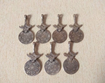 Set of 7 Antique Silver Berber Coins Pendants from Morocco, Old Silver Coins, Berber Pendants, Moroccan Jewelry