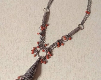 Moroccan Silver Berber Necklace: Old Coral Beads, Tribal Jewelry