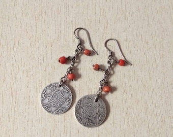 Antique Silver Berber Earrings: Moroccan Coin & Coral Jewelry
