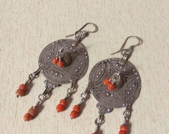 Antique Silver Berber Earrings: Moroccan Coral Bead Jewelry