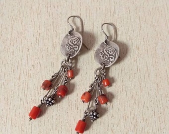 Colored Fibula Ethnic Tribal African Silver Moroccan Enamel Earrings Colored Berber Multi Large with Genuine Coral