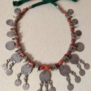 Antique Berber Necklace from Morocco with Old Silver Berber Coins Pendants, Old Silver Coins, Old Coral beads, Berber Necklaces