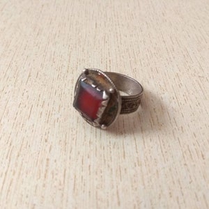 Antique Silver Berber Ring from Morocco with Enamel and Glass, Berber Rings, Moroccan Jewelry