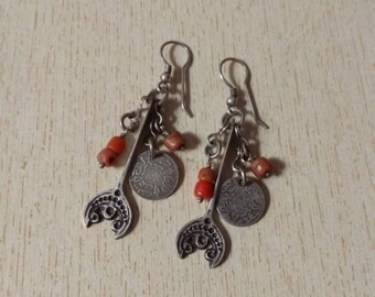 Antique Silver Berber Earrings: Moroccan Coin & Coral Jewelry