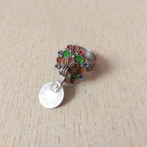 Moroccan Berber Silver Ring with Enamel and Old Coin, US Size 10