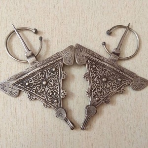 Pair of Antique Silver Berber Fibulae &quot;TIZERZAI&quot; from Morocco with Hallmark, Berber Fibulae, Moroccan Jewelry