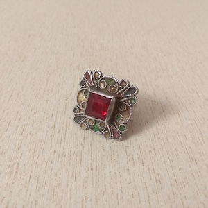 Antique Silver Berber Ring from Morocco with Enamel and Glass, Berber Rings, Moroccan Jewelry