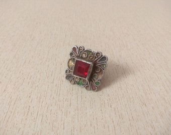 Antique Silver Berber Ring from Morocco with Enamel and Glass, Berber Rings, Moroccan Jewelry