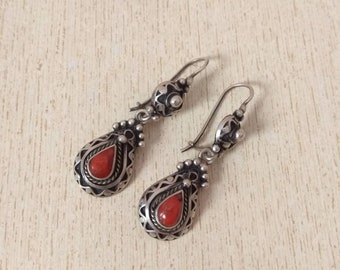 Moroccan Silver Berber Earrings: Natural Coral Dangle Jewelry
