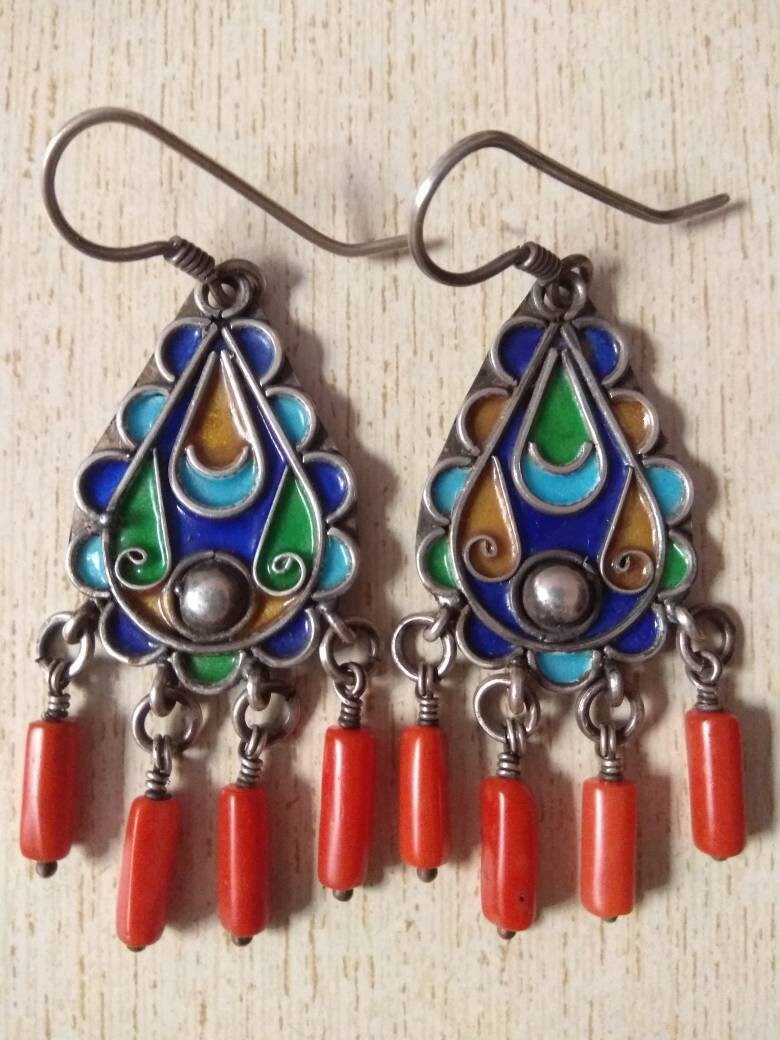 Moroccan Silver Berber Earrings with Enamel & Old Coral beads | Etsy