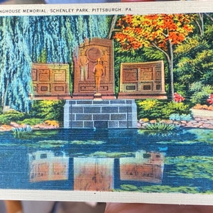 Belle carte postale en lin antique du mémorial George Westinghouse à Schenley Park à Pittsburgh en Pennsylvanie