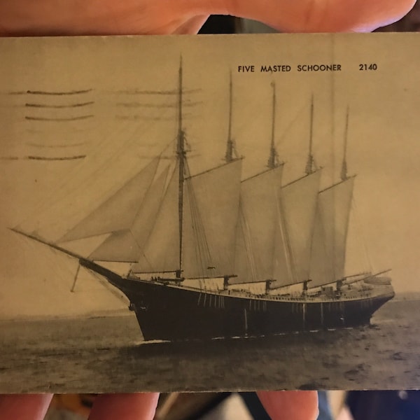 Antique 1950s Five Masted Schooner Real Photo Postcard RPPC Bath Maine