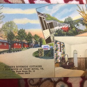 Cartolina di lino antico: "Bower's Riverside Cottage, Front Royal, Virginia"